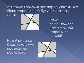 Эта прямая поделит некоторые участки, и с
обеих сторон от неѐ будут одинаковые
цвета.
Тогда
поменяем все
цвета с одной
стороны от
прямой
Новый рисунок
будет иметь уже
правильную
раскраску.

 