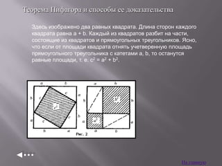 Теорема Пифагора и способы ее доказательства
Здесь изображено два равных квадрата. Длина сторон каждого
квадрата равна a + b. Каждый из квадратов разбит на части,
состоящие из квадратов и прямоугольных треугольников. Ясно,
что если от площади квадрата отнять учетверенную площадь
прямоугольного треугольника с катетами a, b, то останутся
равные площади, т. е. c2 = a2 + b2.

На главную

 