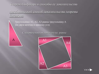 Теорема Пифагора и способы ее доказательства
Алгебраический способ доказательства теоремы
Пифагора
Треугольники А1, А2, А3 равны треугольнику А
(по двум катетам и прямому углу

Следовательно их гипотенузы равны

A

 