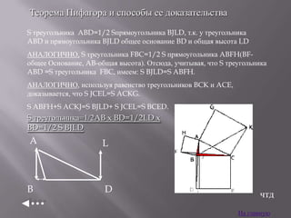 Теорема Пифагора и способы ее доказательства
S треугольника ABD=1/2 Sпрямоугольника BJLD, т.к. у треугольника
ABD и прямоугольника BJLD общее основание BD и общая высота LD
АНАЛОГИЧНО, S треугольника FBC=1/2 S прямоугольника ABFH(BFобщее Основание, AB-общая высота). Отсюда, учитывая, что S треугольника
ABD =S треугольника FBC, имеем: S BJLD=S ABFH.
АНАЛОГИЧНО, используя равенство треугольников BCK и ACE,
доказывается, что S JCEL=S ACKG.
S ABFH+S ACKJ=S BJLD+ S JCEL=S BCED.

S треугольника=1/2AB x BD=1/2LD x
BD=1/2 S BJLD

A

L

B

D

чтд
На главную

 