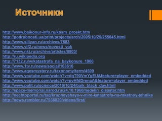 http://www.baikonur-info.ru/kosm_proekt.htm
http://podrobnosti.ua/print/projects/arch/2005/10/25/255645.html
http://www.siliyan.ru/archives/7683
http://www.vif2.ru/news/novosti_vpk
http://www.nkj.ru/archive/articles/8803/
http://ru.wikipedia.org
http://7132.ru/w/katastrofa_na_baykonure_1960
http://www.1tv.ru/news/social/163616
http://www.agesmystery.ru/taxonomy/term/4509
http://www.youtube.com/watch?v=dqT90VmYgEU&feature=player_embedded
http://www.youtube.com/watch?v=pvHfdDrenaA&feature=player_embedded
http://www.polit.ru/science/2010/10/24/baik_black_day.html
http://space-memorial.narod.ru/24.10.1960/nedelin_disaster.htm
http://nechtoportal.ru/tag/krupneyshaya-v-mire-katastrofa-na-raketnoy-tehnike
http://news.rambler.ru/7936829/videos/first/

 
