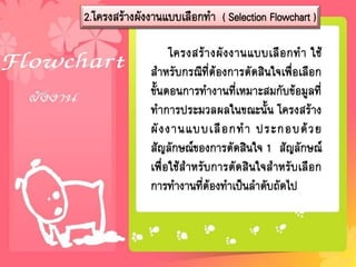2.โครงสร้างผังงานแบบเลือกทา ( Selection Flowchart )

โครงสร้ า งผั ง งานแบบเลื อ กท า ใช้
สาหรับกรณีที่ต้องการตัดสินใจเพื่อเลือก
ขั้นตอนการทางานที่เหมาะสมกับข้อมูลที่
ทาการประมวลผลในขณะนั้น โครงสร้าง
ผั ง งานแบบเลื อ กท า ประกอบด้ ว ย
สัญลักษณ์ของการตัดสินใจ 1 สัญลักษณ์
เพื่อใช้สาหรับการตัดสินใจสาหรับเลือก
การทางานที่ต้องทาเป็นลาดับถัดไป

 