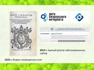 2012 г. Единый реестр заблокированных
сайтов
1522 г. Индекс запрещенных книг

 