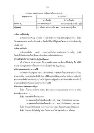 106

แสดงผลการทดสอบและความผิดพลาดในการทดสอบ
ความเปนจริง
ผลการทดสอบ
Ho เปนจริง
Ho ไมเปนจริง
ผลการทดสอบถูกตอง
ยอมรับ Ho
ความผิดพลาดประเภทที่ 2 (β)
ปฏิเสธ Ho
ความผิดพลาดประเภทที่ 1 (α) ผลการทดสอบถูกตอง
ระดับความมีนัยสําคัญ
ระดับความมีนัยสําคัญ หมายถึง ความนาจะเปนในการปฏิเสธสมมติฐานวางที่ถูก จึงเปน
โอกาสของความคลาดเคลื่อนประเภทที่ 1 โดยทั่วไปนิยมใชสัญลักษณ α แทนระดับการมีนัยสําคัญ
เชน α=0.05
ระดับความเชือมั่น
่
ระดับความเชือมั่น หมายถึง ความนาจะเปนในการยอมรับสมมติฐานวางที่ถูก (1-α)
่
โดยทั่วไปนิยมคํานวณเปน คารอยละ เชน ระดับความเชือมั่นเทากับ 95 %
่
บริเวณวิกฤตหรือเขตการปฏิเสธ (Critical Region)
บริเวณวิกฤต (Critical Region) เปนขอบเขตที่กําหนดตามระดับการมีนัยสําคัญ ถาคาสถิติที่
คํานวณไดตกอยูในขอบเขตนี้ ถือวาการทดสอบนั้นมีนยสําคัญ (Significance)
ั
หลักการทดสอบสมมติฐานทางสถิติ
การทดสอบสมมติ ฐ านทางสถิ ติ เป น การตั ด สิ น ใจเชิ ง สถิ ติ เ กี่ ย วกั บ ค า พารามิ เ ตอร ข อง
ประชากรวามีความแตกตางกันหรือไม ดวยการใชขอมูลคาสถิติจากกลุมตัวอยางเพื่อคํานวณคาสถิติ
ทดสอบและตัดสินใจคงสมมติฐานวางหรือปฏิเสธสมมติฐานวางตามหลักเกณฑที่กําหนดทําให
สามารถสรุปผลเกี่ยวกับคาพารามิเตอรของประชากรได
ขั้นตอนของการทดสอบสมมติฐาน
ขั้นที่1 ตั้งสมมติฐานเพื่อการทดสอบ สําหรับการทดสอบแบบทางเดียว หรือ สองทางโดย
ตั้งสมมติฐาน Ho และ H1
ขั้นที่2 กําหนดสถิติเพื่อการทดสอบ
1) การทดสอบเกี่ยวกับคาเฉลี่ยของประชากร 1 กลุม ใชสถิติทดสอบ Z และ t-test
2) การทดสอบเกี่ยวกับคาเฉลี่ยของประชากร 2 กลุม ใชสถิติทดสอบ Z และ t-test
ขั้นที่3 คํานวณคาสถิติทดสอบ โดยนําขอมูลที่ไดมาแทนคาในสูตรคํานวณคาสถิติทดสอบ
ขั้นที่4 กําหนดระดับนัยสําคัญ โดยทั่วไปมักกําหนดใหคา α เทากับ 0.01 หรือ0.05

 