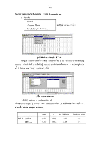 125

3) ประชากรสองกลุมไมเปนอิสระกัน ( ใชสถิติ dependent t-test )
3.1 ใชคําสั่ง
Analyze
Compare Means
จะไดหนาจอรูปดังรูปที่ 8
Paired - Samples T Test….

รูปที่ 8 Paired – Samples T-Test
จากรูปที่ 8 เลือกตัวแปรที่จะทดสอบ โดยเลือกครั้งละ 1 ตัว โดยตัวแปรแรกจะเขาไปอยู
variable 1 ตัวแปรตัวที่ 2 จะเขาไปอยู variable 2 คลิกเลือกเครื่องหมาย 4 จะปรากฏตัวแปร
ทั้ง 2 ใน box ของ Paired variables ดังรูปที่ 9

รูปที่ 9 Paired – variables
3.2 เลือก options ใส confidence interval
เลือก Exclude analysis by analysis เลือก continue และเลือก OK จะไดผลลัพธในตารางที่ 4-6
ตารางที่ 4 Paired Samples Statistics

Pair 1 EDUFA
EDUMA

Mean
12.05
10.91

N
1406
1406

Std. Deviation
4.81
5.17

Std.Error Mean
.13
.14

 
