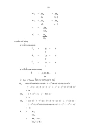 130

MSB
MSW
F

η2

= SSB
dfB
= SSW
dfw
=
MSB
MSW
=
SSB
SST

= SSB
K-1
= SSW
n–K

แทนคาจากตัวอยาง
คาเฉลี่ยของแตละกลุม
Y1

=

Y2

=

Y3

=

45 =
5
25 =
5
20 =
5

9
5
4

คาเฉลี่ยทั้งหมด (Grand mean)
Y
= 45+25+20 = 6
15
คา Sum of Square ทั้ง 3 สามารถคํานวณได ดังนี้
SST = (10 - 6)2+ (9 - 6)2+ (10 - 6)2 + (8 - 6)2+(8 - 6)2 +(6 - 6)2+(4 - 6)2+
(7 - 6 )2+(3 - 6 )2+ (5 - 6)2+ (5 - 6)2+ (6 - 6)2+ (5 - 6)2+ (2 - 6)2+ (2 - 6) 2
= 98
SSB = 5 (9 - 6) 2 + 5 (5 - 6) 2 + 5 (4 - 6) 2
= 70
SSW = (10 - 9)2 + (9 - 9)2 + (10 - 9)2 + (8 - 9)2 + (8 - 9)2 + (6 - 5)2 + (4 - 5)2 +
(7 - 5)2+ (3 - 5)2+ (5 - 5)2+ (5 - 4)2+ (6 - 4)2+ (5 - 4)2+ (2 - 4)2+ (2 -4)2
= 28
F
=
MSB
MSW
=
SSB / ( K - 1 )
SSW / ( n - K )

 