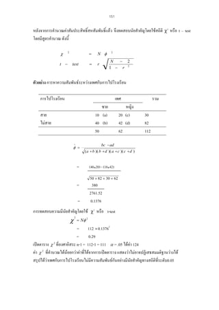 151

หลังจากการคํานวณคาสัมประสิทธิ์สหสัมพันธิ์แลว จึงทดสอบนัยสําคัญโดยใชสถิติ χ2 หรือ t – test
โดยมีสูตรคํานวณ ดังนี้
χ
t −

=
test

N φ

=

2

r

2

N
− 2
1 − r 2

ตัวอยาง การหาความสัมพันธระหวางเพศกับการไปโรงเรียน
การไปโรงเรียน

เพศ
ชาย
10 (a)
40 (b)
50

สาย
ไมสาย

30
82
112

bc − ad

∧

φ =

หญิง
20 (c)
42 (d)
62

รวม

( a + b )( b + d )( a + c )( c + d )

=

(40 20) - (10 42)
50 × 82 × 30 × 62

=
=

380
2761.52
0.1376

การทดสอบความมีนยสําคัญโดยใช χ2 หรือ t-test
ั

χ

2

= Nφ 2

= 112 × 0.13762
=
0.29
เปดตาราง χ 2 ที่องศาอิสระ n-1 = 112-1 = 111 α = .05 ไดคา 124
คา χ 2 ที่คํานวณไดนอยกวาคาทีไดจากการเปดตาราง แสดงวาไมอาจปฏิเสธสมมติฐานวางได
่
สรุปไดวาเพศกับการไปโรงเรียนไมมีความสัมพันธกันอยางมีนัยสําคัญทางสถิติที่ระดับ0.05

 