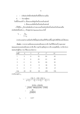 18

r = คาสัมประสิทธิ์สหสัมพันธในที่นี้คือคาความเที่ยง
N = จํานวนผูสอบ
ในที่นี้กําหนดให X เปนคะแนนขอคูหรือครึ่งแรกแลวแตกรณี
Y เปนคะแนนขอคีหรือครึ่งหลังแลวแตกรณี
่
r ที่ไดเปน r hh คือ สหสัมพันธระหวางคะแนนครึ่งฉบับกับอีกครึงฉบับแลวปรับขยายเปน
่
สหสัมพันธทั้งฉบับ (r tt ) ดวยสูตรของ Spearman Brown ดังนี้
=

2rhh
1 + rhh

การประมาณคาความเที่ยงดวยวิธีนี้มจุดออนคือผลที่ไดไมคงที่ขึ้นอยูกบวิธีทใชแบงครึ่งขอสอบ
ี
ั
ี่
ตัวอยาง การหาความเที่ยงของแบบสอบเลือกตอบ 20 ขอ โดยใชวิธแบงครึ่ง (Split-Half
ี
Method)แบงแบบสอบเลือกตอบ 20 ขอ เปน 2 ชุด คือ ชุดขอคู (X) 10 ขอ และชุดขอคี่(y ) 10 ขอ ทําการ
ทดสอบกับผูเรียน 5 คน ไดคะแนน ดังตาราง
คนที่
1
2
3
4
5
รวม
การคํานวณคา rhh

X
5
5
4
3
3
20

rhh =

N

=
=
rhh

X2
25
25
16
9
9
84

Y
8
9
8
6
7
38

=

[N

∑

X

∑
2

Y2
64
81
64
36
49
294

XY − [( ∑ X )( ∑ Y )]

− ( ∑ X ) 2 ][ N

∑Y

2

− (∑ Y ) 2 ]

5(156) − (20)(38)
(5(84) − 400))((5(294) − (1444))
20

(20)(26)

0.877

XY
40
45
32
18
21
156

 