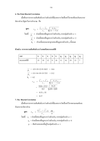 156

6. The Point Biserial Correlation
เมื่อตองการหาความสัมพันธระหวางตัวแปรที่มีมาตรการวัดเปนทวิวิภาคแทและอันตรภาค/
อัตราสวน มีสูตรในการคํานวณ คือ
สูตร

y1 − y
sy

r pb =

n1n 0
(n − 1)n

0

โดยที่ y = คาเฉลี่ยของขอมูลระหวางตัวแปรy จากกลุมตัวแปร x= 1
y = คาเฉลี่ยของขอมูลระหวางตัวแปรy จากกลุมตัวแปร x= 2
1

0

SY = สวนเบี่ยงเบนมาตรฐานของขอมูลจากตัวแปร y ทั้งหมด

ตัวอยาง การหาความสัมพันธระหวางเพศกับคะแนนสถิติ
เพศ

ช

ช

ช

ช ช

ญ

ญ

ญ

ญ

ญ

คะแนนสถิติ

15

19

12

9 18

11

16

19

13

7

y = (15+19+12+9+18)/5 = 14.6
1

y = (11+16+19+13+7)/5 = 13.2
0

SY = 4.2

=

r pb

=

y

− y

1

s

n 1n 0
(n − 1)n

0

y

14.6 − 13.2
4.2

5× 5
(10 − 1)10

= 0.33 .52
= 0.17
7. The Biserial Correlation
เมื่อตองการหาความสัมพันธระหวางตัวแปรที่มีมาตรการวัดเปนทวิวิภาคตามเกณฑและ
อันตรภาค/อัตราสวน
สูตร

r bi

=

(y

1

− y
s

y

0

)

.

pq
u

โดยที่ y1 = คาเฉลี่ยของขอมูลระหวางตัวแปรy จากกลุมตัวแปร x= 1
y0 = คาเฉลี่ยของขอมูลระหวางตัวแปรy จากกลุมตัวแปร x= 0
p = สัดสวนของคนทีอยูในกลุมตัวแปร x= 1
่

 