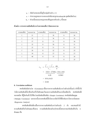 157

q = สัดสวนของคนทีอยูในกลุมตัวแปร x= 0
่
u = คาความสูงของการแจกแจงปกติมาตรฐาน(ordinate)ณ จุดตัด(สัดสวน)
SY = สวนเบี่ยงเบนมาตรฐานของขอมูลจากตัวแปร y ทั้งหมด
ตัวอยาง การหาความสัมพันธระหวางการตอบขอ 3 กับคะแนนรวม
การตอบขอ3
1
1
1
1
1
1
1
1

คะแนนรวม
21
35
37
32
22
28
39
40

การตอบขอ3
1
1
0
0
0
0
0
0

r bi

=

y

คะแนนรวม
38
36
31
28
21
22
27
33

− y

1

s

y

0

.

การตอบขอ3
0
0
0
0
0
0
0
0
0

คะแนนรวม
26
35
36
21
23
25
27
26
25

pq
u

= (32.8 - 27.06) ( 0.4 0.6)
6.28
0.3863
= 0.91 0 .621
= 0.565
8. Correlation coefficient
สหสัมพันธอยางงาย (Correlation) เปนการหาความสัมพันธระหวางตัวแปรตั้งแต 2 ตัวขึ้นไป
วามีความสัมพันธเกี่ยวของกันหรือไมลักษณะใดและความสัมพันธกนมากนอยเพียงใด สหสัมพันธมี
ั
หลายชนิด ทีรูจักกันทัวไปไดแก สหสัมพันธเชิงเดียว (Simple Correlation) สหสัมพันธพหุคณ
่
่
ุ
( Multiple Correlation) นอกจากนันจากสหพันธนยังวิเคราะหตอไปไดอีกเชนการวิเคราะหถดถอย
้
ี้
(Regression Analysis)
สหสัมพันธเชิงเดี่ยวเปนการหาความสัมพันธระหวางตัวแปร 2 ตัว และสมมติวามี
ความสัมพันธกันในลักษณะเสนตรง ความสัมพันธของตัวแปรของทังสองอาจจะสัมพันธกันใน 4
้
ลักษณะ คือ

 