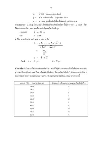 164

= คาคงที่ ( Intercept of the line )
β =
คาความชันของเสน ( Slope of the line )
εI = ความคลาดเคลื่อนที่เกิดขึ้นเนื่องจาก Y แตกตางจาก Y
การประมาณคา α และ β ดวย a และ b โดยใชวิธีกําลังสองนอยที่สุด ซึ่งเปนวีธีหาคา a และb ที่ทํา
ใหผลบวกของคาความคลาดเคลื่อนยกกําลังสองมีคานอยที่สุด
จากสมการ
Υ = α + βΧ + εI
และ
Υ = a + bΧ
ทําใหสามารถคํานวณหาคา ของ a และ b คือ
b = n ∑ xi yi - ( ∑ xi ) (∑ yi )
n ∑ xi2 - ( ∑ xi ) 2
=
SSxy
SSxx
a = Y-bX
Y = ∑ yI/n
โดยที่ X = ∑ xI /n
α

ตัวอยางที่1 การวิเคราะหสมการถดถอยอยางงาย : สมมติใหผูประกอบการแหงหนึ่งตองการตรวจสอบ
ดูวาการใชความถี่ของโฆษณาในทางโทรทัศนตอเดือน มีความสัมพันธอยางไรกับยอดขายของกิจการ
จึงเก็บตัวอยางยอดขายและจํานวนความถี่ของโฆษณาในทางโทรทัศนตอเดือนไดขอมูลดังนี้
ยอดขาย (Υ )

( หนวย : พันบาท )
260.3
286.1
279.4
410.8
438.2
315.3
656.1
570.0
426.1
315.0

จํานวนครั้ง / เดือนของการโฆษณาทางโทรทัศน (Χ )
5
7
6
9
12
8
11
16
13
7

 