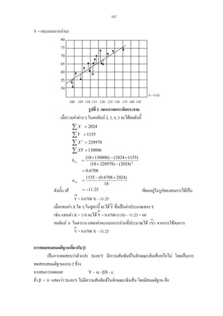 167

Y = (คะแนนการอาน)
80
75
70
65
60
55
50
X = (I.Q)

100 105 110 115 120 125 130 135 140 145

รูปที่ 2 แผนภาพกระจัดกระจาย
เมื่อรวมคาตาง ๆ ในคอลัมน 2, 3, 4, 5 จะไดผลดังนี้

∑ X = 2024
∑ Y = 1155
∑ X = 228978
∑ XY = 130806
2

(18 × 130806) − (2024 × 1155)
(18 × 228978) − (2024) 2
= 0.6708
1155 − (0.6708 × 2024)
a yx =
18
= หรั . พยากรณคา Y เมื่อทราบคา X เขียนอยูในรูปของสมการไดเปน
ดังนั้น เสนถดถอยสํา−11บ25

b yx

=

Y = 0.6708 X – 11.25
เมื่อแทนคา X ใด ๆ ในสูตรนี้ จะได Y ซึ่งเปนคาประมาณของ Y
เชน แทนคา X = 118 จะได Y = 0.6708 (118) – 11.25 = 68
คอลัมน 6 ในตาราง แสดงคาคะแนนการอานที่ประมาณได (Y) จากการใชสมการ
Y = 0.6708 X – 11.25
การทดสอบสมมติฐานเกี่ยวกับ β
เปนการทดสอบวาตัวแปร XและY มีความสัมพันธในลักษณะเชิงเสนหรือไม โดยเปนการ
ทดสอบสมมติฐานแบบ 2 ขาง
จากสมการถดถอย
Υ = α + βΧ + εI
ถา β = 0 แสดงวา XและY ไมมีความสัมพันธในลักษณะเชิงเสน โดยมีสมมติฐาน คือ

 