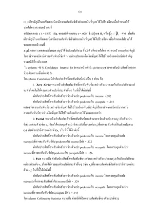 178

H1 : เกียรติภูมในอาชีพของบิดามีความสัมพันธเชิงทํานายเงินที่บุตรไดไปโรงเรียนเมื่อกําหนดให
ิ
รายไดของครอบครัว คงที่
สถิติทดสอบ : t = 5.877 Sig. ของสถิติทดสอบ t = .000 จึงปฏิเสธ H0 หรือ β2 / β1 ≠ 0 นั่นคือ
เกียรติภูมิในอาชีพของบิดามีความสัมพันธเชิงทํานายเงินที่บุตรไดไปโรงเรียน เมื่อกําหนดใหรายได
ของครอบครัว คงที่
สรุป จากการทดสอบทั้งหมด สรุปไดวาตัวแปรอิสระทั้ง 2 ตัว คือรายไดของครอบครัว และเกียรติภมิ
ู
ในอาชีพของบิดามีความสัมพันธเชิงทํานายตัวแปรตาม คือเงินที่บุตรไดไปโรงเรียนอยางมีนัยสําคัญ
ทางสถิติที่ระดับ 0.05
ใน column 95 % Confidence Interval for B หมายถึง คาประมาณแบบชวงของสัมประสิทธิ์ถดถอย
ที่ระดับความเชื่อมั่น 95 %
ใน column Correlation มีคาสัมประสิทธิ์สหสัมพันธแบงเปน 3 สวน คือ
1. Zero –Order หมายถึง คาสัมประสิทธิ์สหสัมพันธระหวางตัวแปรตามกับตัวแปรอิสระแต
ละตัวโดยไมไดควบคุมตัวแปรอิสระตัวอื่นๆ ในที่นี้ไดคาดังนี้
คาสัมประสิทธิ์สหสัมพันธระหวางตัวแปร pocketm กับ income =.202
คาสัมประสิทธิ์สหสัมพันธระหวางตัวแปร pocketm กับ occupafa = .218
แสดงวาความสัมพันธระหวางเงินที่บุตรไดไปโรงเรียนกับเกียรติภูมิในอาชีพของบิดามีมากกวา
ความสัมพันธระหวางเงินทีบุตรไดไปโรงเรียนกับรายไดของครอบครัว
่
2. Partial หมายถึง คาสัมประสิทธิ์สหสัมพันธบางสวนระหวางตัวแปรตาม(y) กับตัวแปร
อิสระแตละตัว(เชน x1 )โดยไดควบคุมตัวแปรอิสระตัวอื่นๆ (เชน x2)ที่อาจจะสัมพันธกับตัวแปรตาม
(y) กับตัวแปรอิสระแตละตัว(x1 ) ในที่นี้ไดคาดังนี้
คาสัมประสิทธิ์สหสัมพันธระหวางตัวแปร pocketm กับ income โดยควบคุมตัวแปร
occupafaที่อาจจะสัมพันธกบ pocketm กับ income มีคา = .132
ั
คาสัมประสิทธิ์สหสัมพันธระหวางตัวแปร pocketm กับ occupafa โดยควบคุมตัวแปร
incomeที่อาจจะสัมพันธกับ pocketm กับ occupafa มีคา = .156
3. Part หมายถึง คาสัมประสิทธิ์สหสัมพันธบางสวนระหวางตัวแปรตาม(y) กับตัวแปรอิสระ
แตละตัว(เชน x1 )โดยไดควบคุมตัวแปรอิสระตัวอื่นๆ (เชน x2)ที่อาจจะสัมพันธกับตัวแปรอิสระแตละ
ตัว (x1 ) ในทีนี้ไดคาดังนี้
่
คาสัมประสิทธิ์สหสัมพันธระหวางตัวแปร pocketm กับ income โดยควบคุมตัวแปร
occupafa ที่อาจจะสัมพันธ กับ income มีคา = .129
คาสัมประสิทธิ์สหสัมพันธระหวางตัวแปร pocketm กับ occupafa โดยควบคุมตัวแปร
incomeที่อาจจะสัมพันธกับ occupafa มีคา = .153
ใน column Collinearity Statistics หมายถึง คาสถิติที่วัดความสัมพันธของตัวแปรอิสระ

 