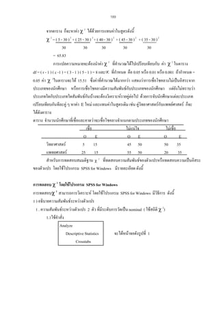 189

จากตาราง ก็จะหาคา χ 2 ไดดวยการแทนคาในสูตรดังนี้
χ 2 = ( 5 - 30 ) 2 + ( 25 - 30 ) 2 + ( 40 - 30 ) 2 + ( 45 - 30 ) 2 + ( 35 - 30 ) 2
30
30
30
30
30
= 65.83
การแปลความหมายจะตองนําคา χ 2 ที่คํานวณไดไปเปรียบเทียบกับ คา χ 2 ในตาราง
df = ( r - 1 ) ( c -1 ) = ( 3 - 1 ) ( 5 - 1 ) = 8 และ∝ ที่กําหนด คือ 0.05 หรือ 0.01 หรือ 0.001 ถากําหนด =
0.05 คา χ 2ในตารางจะได 15.51 ซึ่งคาที่คํานวณไดมากกวา แสดงวาการเชื่อโชคลางไมเปนอิสระจาก
ประเภทของนักศึกษา หรือการเชื่อโชคลางมีความสัมพันธกับประเภทของนักศึกษา แตยังไมทราบวา
ประเภทใดกับประเภทใดสัมพันธกันบางจะตองวิเคราะหรายคูตอไป ดวยการจับนักศึกษาแตละประเภท
ั
เปรียบเทียบกันทีละคู ๆ หาคา Ε ใหม และแทนคาในสูตรเดิม เชน คูวิทยาศาสตรกบแพทยศาสตร ก็จะ
ไดดังตาราง
ตาราง จํานวนนักศึกษาที่เชื่อและคาดวาจะเชื่อโชคลางจําแนกตามประเภทของนักศึกษา
เชื่อ
ไมแนใจ
ไมเชื่อ
O E
O E
O
E
วิทยาศาสตร
5 15
45 50
50 35
แพทยศาสตร
25 15
55 50
20
35
สําหรับการทดสอบสมมติฐาน χ 2 ที่ทดสอบความสัมพันธของตัวแปรหรือทดสอบความเปนอิสระ
ของตัวแปร โดยใชโปรแกรม SPSS for Windows มีรายละเอียด ดังนี้
การทดสอบ χ 2 โดยใชโปรแกรม SPSS for Windows
การทดสอบχ 2 สามารถการวิเคราะห โดยใชโปรแกรม SPSS for Windows มีวิธีการ ดังนี้
1 ) อธิบายความสัมพันธระหวางตัวแปร
1 . ความสัมพันธระหวางตัวแปร 2 ตัว ที่มีระดับการวัดเปน nominal ( ใชสถิติ χ 2)
1.1ใชคําสั่ง
Analyze
Descriptive Statistics
จะไดหนาจอดังรูปที่ 1
Crosstabs

 