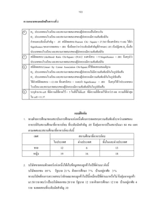193
ความหมายของผลลัพธในตารางที่ 2
6

7
8

9

H0 : ประเภทของโรงเรียน และสถานภาพสมรสของผูปกครองเปนอิสระกัน
H1 : ประเภทของโรงเรียน และสถานภาพสมรสของผูปกครองมีความสัมพันธกัน
กําหนดระดับนั้นสําคัญ = .05 สถิติทดสอบ Pearson Chi - Square = 27.565 ที่องศาอิสระ 9 และ ไดคา
Significance ของการทดสอบ = .001 ซึ่งนอยกวากวาระดับนัยสําคัญที่กําหนด ( .05 ) จึงปฏิเสธ H0 นั้นคือ
ประเภทของโรงเรียน และสถานภาพสมรสของผูปกครองมีความสัมพันธกัน
สถิติทดสอบ Likelihood Ratio Chi-Square =29.612 องศาอิสระ = 9 Singnificance = .001 จึงสรุปวา
ประเภทของโรงเรียน และสถานภาพสมรสของผูปกครองมีความสัมพันธกัน
สถิติทดสอบ Linear - by - Lienar Association Chi-Square ที่ใชทดสอบสมมติฐาน
H0 : ประเภทของโรงเรียน และสถานภาพสมรสของผูปกครองไมมีความสัมพันธกันในรูปเชิงเสน
H1 : ประเภทของโรงเรียน และสถานภาพสมรสของผูปกครองมีความสัมพันธกันในรูปเชิงเสน
ไดคาสถิติทดสอบ =.12.104 ที่องศาอิสระ = 1และคา Significance = .001 จึงสรุปไดวาประเภทของ
โรงเรียน และสถานภาพสมรสของผูปกครองมีความสัมพันธกันในรูปเชิงเสน
ระบุจํานวน cell ที่มีความถี่ที่คาดไว < 5 ในที่นี้ไมมีcell ที่มีความถี่ที่คาดไวต่ํากวา5 เลย ความถี่ที่ต่ําสุด
ใน cell =11.37

แบบฝกหัด
1. ทางฝายการศึกษาของสถาบันการศึกษาแหงหนึ่งตองการทดสอบความสัมพันธระหวางเพศของ
อาจารยกับสถานศึกษาที่อาจารยจบ ที่ระดับนัยสําคัญ .05 จึงสุมอาจารยในสถาบันมา 84 คน แยก
ตามเพศและสถานศึกษาที่อาจารยจบ ดังนี้
เพศ
สถานศึกษาทีอาจารยจบ
่
ในประเทศ
ตางประเทศ
ทั้งในและตางประเทศ
ชาย
12
6
13
หญิง
19
16
18
2. บริษัทขายคอมพิวเตอรแหงหนึ่งไดเก็บขอมูลของลูกคาในปที่ผานมา ดังนี้

บริษัทเอกชน 69 % รัฐบาล 21 % ฝายการศึกษา 7 % บานอยูอาศัย 3 %
ทางบริษัทตองการตรวจสอบวาลักษณะของลูกคาในปนี้เหมือนปที่ผานมาหรือไม จึงสุมจากลูกคา

มา 50 ราย พบวา เปนบริษัทเอกชน 20 ราย รัฐบาล 12 ราย ฝายการศึกษา 12 ราย บานอยูอาศัย 4
ราย จงทดสอบที่ระดับนัยสําคัญ .10

 