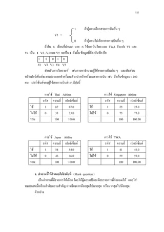 151

1

ถาผูตอบเลือกสายการบินอืน ๆ
่

V5 =
0
ถาผูตอบไมเลือกสายการบินอื่น ๆ
ถาใน 6 เดือนที่ผานมา นาย ก. ใชการบินไทย และ TWA ตัวแปร V1 และ
V4 เปน 1 V2 , V3 และ V5 จะเปน 0 ดังนั้น ขอมูลที่ตองบันทึก คือ
1 0 0 1 0
V1 V2 V3 V4 V5
สําหรับการวิเคราะห เชนการหาจํานวนผูใชสายการบินตาง ๆ และสัดสวน
หรือเปอรเซ็นตจะสามารถแยกทําครั้งละตัวแปรหรือครั้งละสายการบิน เชน ถาเก็บขอมูลมา 100
คน เปอรเซ็นตของผูใชสายการบินตางๆ มีดังนี้

ใช
ไมใช
รวม

การใช Thai Airline
รหัส ความถี่ เปอรเซ็นต
1
67
67.0
0
33
33.0
100
100.0

ใช
ไมใช
รวม

การใช Japan Airline
รหัส ความถี่ เปอรเซ็นต
1
54
54.0
0
46
46.0
100
100.0

ใช
ไมใช

ใช
ไมใช

การใช Singapore Airline
รหัส ความถี่ เปอรเซ็นต
1
25
25.0
0
75
75.0
100
100.00

การใช TWA
รหัส ความถี่
1
41
0
59
100

เปอรเซ็นต
41.0
59.0
100.00

ง. คําถามที่ใหคําตอบใสลําดับที่ ( Rank question )
เปนคําถามที่มีรายการใหเลือก โดยใหผูตอบเปรียบเทียบรายการทีกาหนดให และใส
่ํ
หมายเลขเมื่อเรียงลําดับความสําคัญ อาจเรียงจากนอยสุดไปมากสุด หรือมากสุดไปนอยสุด
ตัวอยาง

 