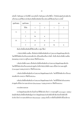 28

ฉบับที่ 3 วัดลักษณะ B ดวยวิธีที่ 1และฉบับที่ 4 วัดลักษณะ B ดวยวิธที่ 2) ไปวัดกับกลุมตัวอยางเดียวกัน
ี
แลวนําคะแนนที่ไดมาหาคาสัมประสิทธิ์สหสัมพันธ ทั้ง4 ฉบับ ผลที่ไดแสดงในตาราง ดังนี้
คุณลักษณะ

คุณลักษณะ

A

B

วิธวัด
ี

๑
๒

๑

1

๓

๔

๑

2

B

1
2

A

1

2

1

๔

๓

๒

2

๑

สัมประสิทธิ์สหสัมพันธที่ไดแบงเปน 4 กลุม ไดแก

1. สัมประสิทธิ์ความเทียง เปนสัมประสิทธิ์สหสัมพันธระหวางคะแนนวัดคุณลักษณะเดียวกัน
่
โดยใชวิธวัดเดียวกันหรือแบบสอบเดียวกัน เปรียบเสมือนเปนการวัดซ้ํา นั่นคือ สัมประสิทธิ์ความเที่ยง
ี
(Reliability) จากตาราง อยูในแนวทแยง ใชเครื่องหมาย ๑
2.สัมประสิทธิความตรง เปนสัมประสิทธิ์สหสัมพันธระหวางคะแนนวัดคุณลักษณะเดียวกัน
์
โดยใชวิธวัดตางกันหรือแบบสอบตางชุดกัน นั่นคือ สัมประสิทธิ์ความตรง ที่เรียกวาความตรงลูเขา
ี
(Convergent Validity)จากตาราง ใชเครื่องหมาย ๒
3.สัมประสิทธิสหสัมพันธระหวางคะแนนวัดคุณลักษณะตางกัน โดยใชวิธวัดเดียวกัน หรือแบบ
์
ี
สอบเดียวกัน จากตาราง ใชเครื่องหมาย ๓
4.สัมประสิทธิสหสัมพันธระหวางคะแนนวัดคุณลักษณะตางกัน โดยใชวิธวัดตางกันแบบสอบ
์
ี
ตางชุดกัน ที่เรียกวาความตรงจําแนก (Discriminant Validity)จากตาราง ใชเครื่องหมาย ๔
การแปลความหมาย
การวัดคุณลักษณะเดียวกัน ถึงแมวาจะใชวิธีตางกัน เรียกวา ความตรงลูเขา (convergent validity)
ยอมมีคาสัมประสิทธิ์สหสัมพันธสูงกวาการวัดคุณลักษณะตางกันวัดดวยวิธี เดียวกันหรือวัดดวยวิธี
ตางกัน เรียกวา ความตรงเชิงจําแนก (Discriminant validity) ดังนัน การที่เครื่องมือที่สรางขึ้นจะมีความ
้

 