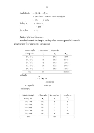 55

คาเฉลี่ยตัวอยาง = ( Χ1 + Χ2 + … + Χn ) / n
= (20+22+23+23+25+26+27+28+29+30 ) / 10
= 25.3
กิโลกรัม
คามัธยฐาน
= 25+26 / 2
= 25.5
คาฐานนิยม
= 23
ตัวอยางสําหรับขอมูลที่จัดกลุมแลว
จงหาค า เฉลี่ ย เลขคณิ ต ค ามั ธ ยฐาน และค า ฐานนิย ม ของความสูง ของนั ก เรี ย นชายชั้ น
มัธยมศึกษาปที่5 ซึ่งอยูในรูปของตารางแจกแจงความถี่
ขอบเขตจํากัดชั้น
ความสูง : ซม.
134.5-144.5
144.5-154.5
154.5-164.5
164.5-174.5
174.5-184.5
รวม

จํานวนนักเรียน
fi
5
18
42
27
8
100

คากึ่งกลางชั้น
Χi
139.5
149.5
159.5
169.5
179.5

Χifi
657.5
2,691.0
6,699.0
4,576.0
1,436.0
16,100.0

หาคาเฉลี่ย
Χ

ความสูงเฉลี่ย
หาคามัธยฐาน
ขีดจํากัดชั้นที่แทจริง
ความสูง : ซม.
134.5-144.5
144.5-154.5
154.5-164.5
164.5-174.5
174.5-184.5
รวม

=

ΣΧifi

/n
= 16,100/100
= 161 ซม.

คากึ่งกลางชั้น
Χi
139.5
149.5
159.5
169.5
179.5

จํานวนนักเรียน
fi
5
18
42
27
8
100

ความถี่สะสม
Σfi
5
23
65
92
100

 