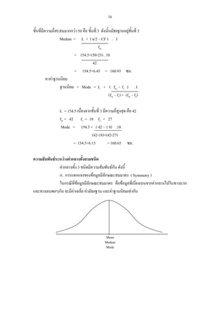 56

ชั้นที่มีความถีสะสมมากกวา 50 คือ ชั้นที่ 3 ดังนั้นมัธยฐานอยูชั้นที่ 3
่
Median = L + ( n/2 – CF ) . I
fm
= 154.5+(50-23) . 10
42
= 154.5+6.43 = 160.93 ซม.
หาคาฐานนิยม
ฐานนิยม = Mode = L + ( fm - f1 ) . I
(fm – f1) + (fm – f2)
L = 154.5 เนืองจากชั้นที่ 3 มีความถี่สูงสุด คือ 42
่
fm = 42 f1 = 18 f2 = 27
Mode = 154.5 + ( 42 – 1 8) .10
(42-18)+(42-27)
= 154.5+6.15
= 160.65 ซม.
ความสัมพันธระหวางคากลางทั้งสามชนิด
คากลางทั้ง 3 ชนิดมีความสัมพันธกัน ดังนี้
ก. การแจกแจงของขอมูลมีลักษณะสมมาตร ( Symmetry )
ในกรณีที่ขอมูลมีลักษณะสมมาตร คือขอมูลที่เบี่ยงเบนจากคากลางไปในทางบวก
และทางลบพอๆกัน จะมีคาเฉลี่ย คามัธยฐาน และคาฐานนิยมเทากัน

Mean
Median
Mode

 
