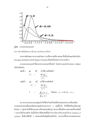 90

รูป12 การแจกแจงแบบเอฟ
แกน Y คือ คาฟงกชันของ X หรือ f(X) สวนในแกน X คือคา F

จากกราฟลักษณะการกระจายตัวของ F จะเปนกราฟเบขวาตลอด ซึ่งเปนลักษณะเดียวกันกับ
Chi-square distribution และคา Degree of freedom มีผลตอลักษณะการกระจายตัว F
การแจกแจงแบบเอฟ ไดมาจากการแจกแจงโคงปกติ โดยนําความแปรปรวนของ 2 กลุมมา
เปรียบเทียบกัน
σ21 จะไดความสัมพันธ
กลุมที่ 1 µ1
σ12 χ2df1
S 12 =
n1 -1
σ22 จะไดความสัมพันธ
กลุมที่ 2 µ2
σ22 χ2df2
S 22 =
n2 –1
χ2df1/ n1 –1 โดยมี df 1 = n1 –1 และ df 2 = n 2–1
F
=
χ2df2/ n2 -1
ตารางการแจกแจงแบบเอฟถูกนําไปใชประโยชนโดยเปนคาทดสอบในการเปรียบเทียบ
ความแตกตางคาเฉลี่ยเลขคณิตของกลุมตัวอยางมากกวา 2 กลุมขึ้นไป ถาใชวิธีเปรียบเทียบกลุม
ตัวอยาง 2 กลุมจะทําใหเสียเวลาเพราะตองทดสอบทีละคู นอกจากนี้ยังเพิ่มความคลาดเคลื่อนชนิดที่
1 มากกวาที่กาหนดดวย ดังนั้นจึงควรใชเทคนิคที่เรียกวาการวิเคราะหความแปรปรวน (Analysis of
ํ
variance) ซึ่งตองใชสถิติ F ทดสอบนัยสําคัญเพื่อสรุปอางอิง นอกจากนียังสามารถทดสอบและ
้

 