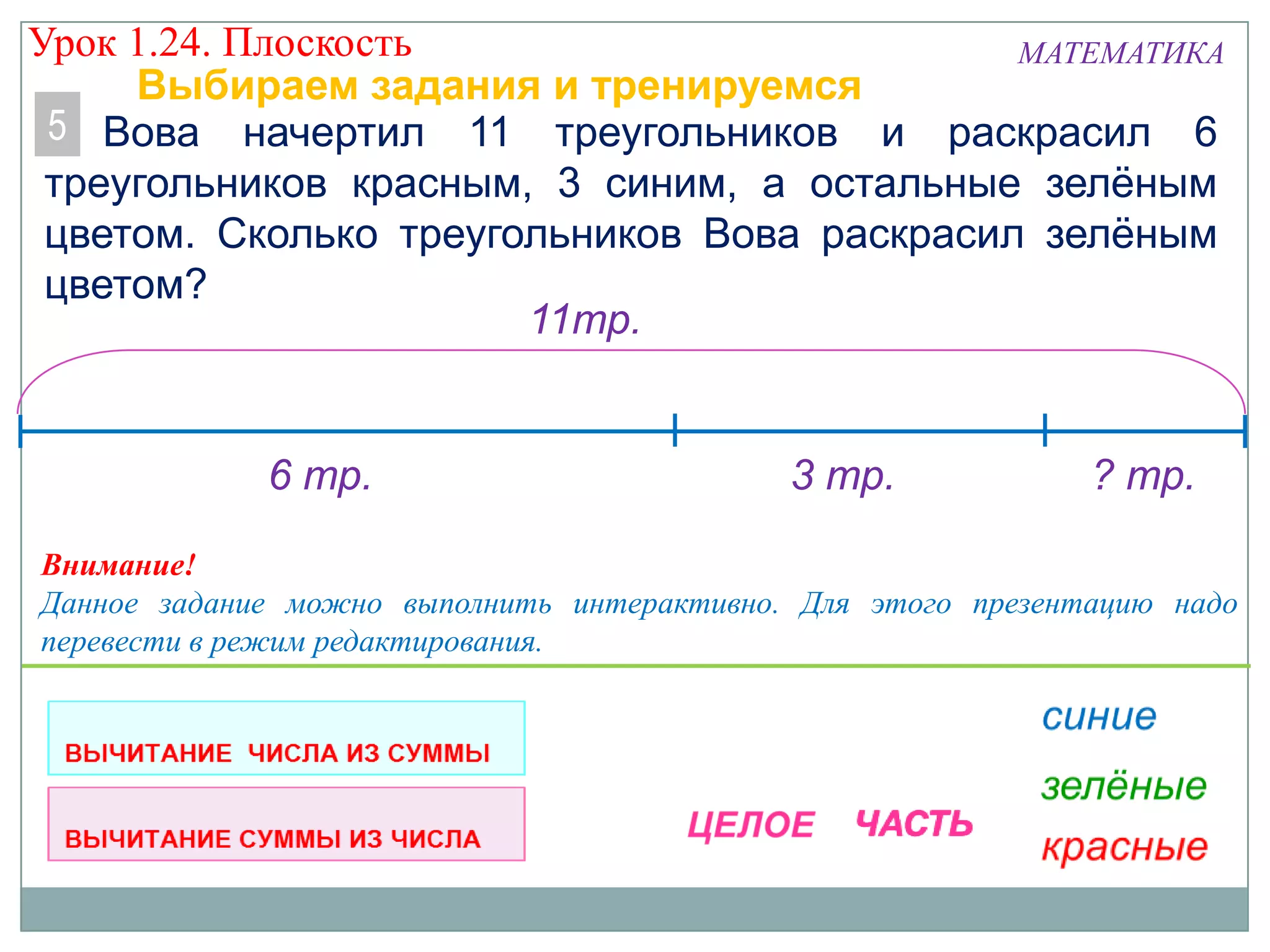 Урок 1.24. Плоскость
МАТЕМАТИКА
Выбираем задания и тренируемся
5 Вова начертил 11 треугольников и раскрасил 6
треугольников красным, 3 синим, а остальные зелёным
цветом. Сколько треугольников Вова раскрасил зелёным
цветом?
11тр.

6 тр.

3 тр.

? тр.

Внимание!
Данное задание можно выполнить интерактивно. Для этого презентацию надо
перевести в режим редактирования.

 