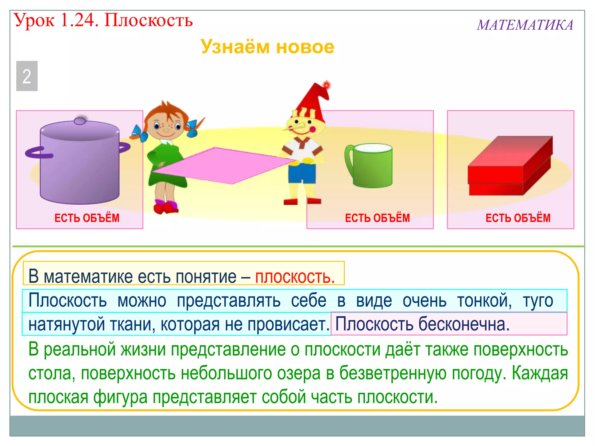 Урок 1.24. Плоскость

МАТЕМАТИКА

Узнаём новое
2

ЕСТЬ ОБЪЁМ

ЕСТЬ ОБЪЁМ

ЕСТЬ ОБЪЁМ

В математике есть понятие – плоскость.
Плоскость можно представлять себе в виде очень тонкой, туго
натянутой ткани, которая не провисает. Плоскость бесконечна.
В реальной жизни представление о плоскости даѐт также поверхность
стола, поверхность небольшого озера в безветренную погоду. Каждая
плоская фигура представляет собой часть плоскости.

 