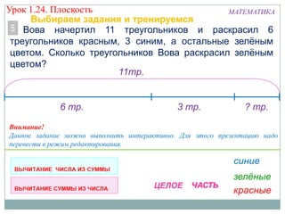Урок 1.24. Плоскость
МАТЕМАТИКА
Выбираем задания и тренируемся
5 Вова начертил 11 треугольников и раскрасил 6
треугольников красным, 3 синим, а остальные зелёным
цветом. Сколько треугольников Вова раскрасил зелёным
цветом?
11тр.

6 тр.

3 тр.

? тр.

Внимание!
Данное задание можно выполнить интерактивно. Для этого презентацию надо
перевести в режим редактирования.

 