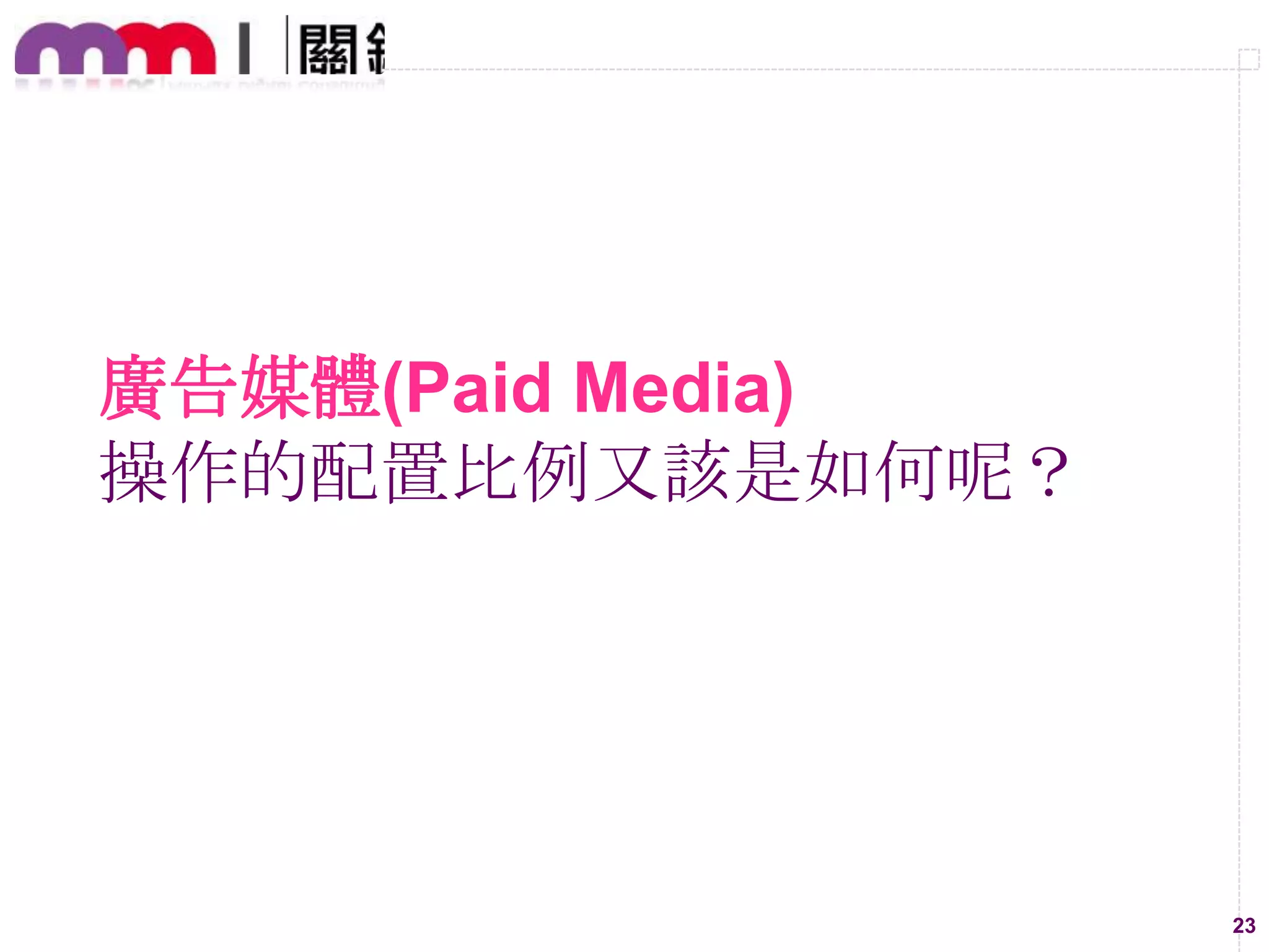 廣告媒體(Paid Media)
操作的配置比例又該是如何呢？

23

 