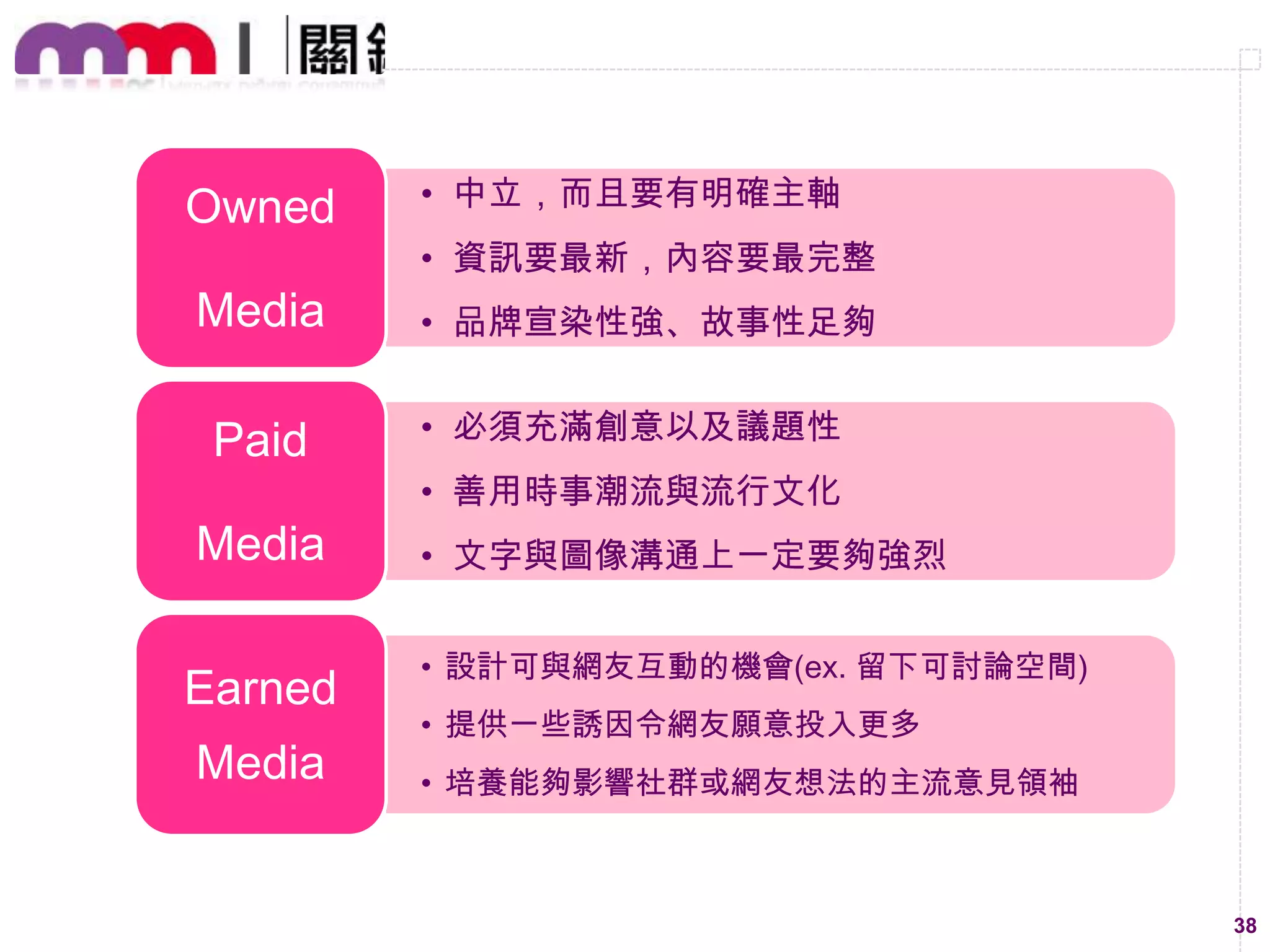 不同的媒體，其運作特性不同
先理解媒體的本質均因「受眾」會產生許多層
面的不同，為此再做相應的操作策略

38

 