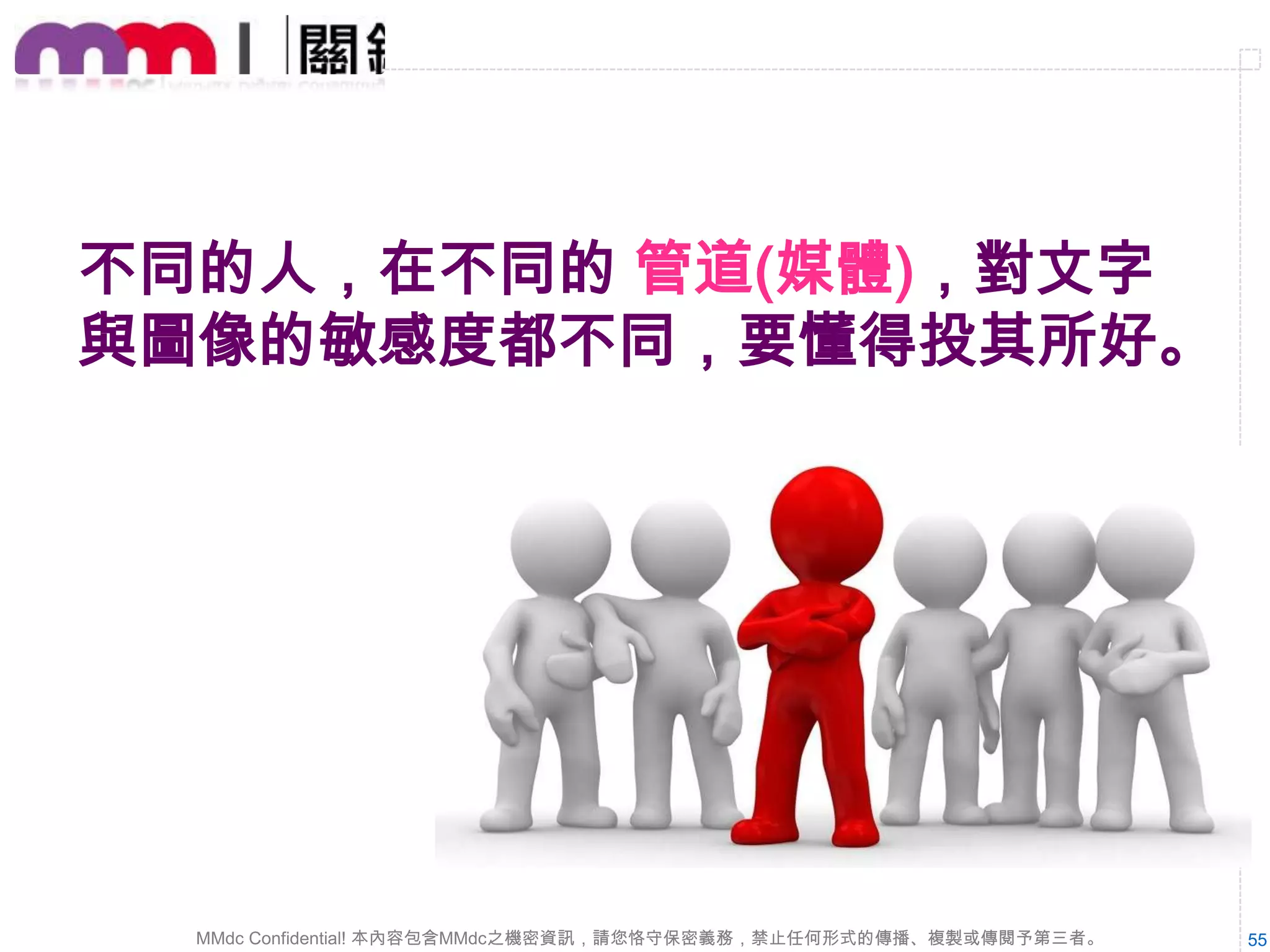 廣告素材決定了點
擊率與轉換率好壞

Step 5.

依照議題設定製作對應素材或內容。
涵蓋了：
Owned Media
Paid Media
Earned Media

議題是廣告操作的
主軸，也是與目標
對象溝通的重心

MMdc Confidential! 本內容包含MMdc之機密資訊，請您恪守保密義務，禁止任何形式的傳播、複製或傳閱予第三者。

55

 