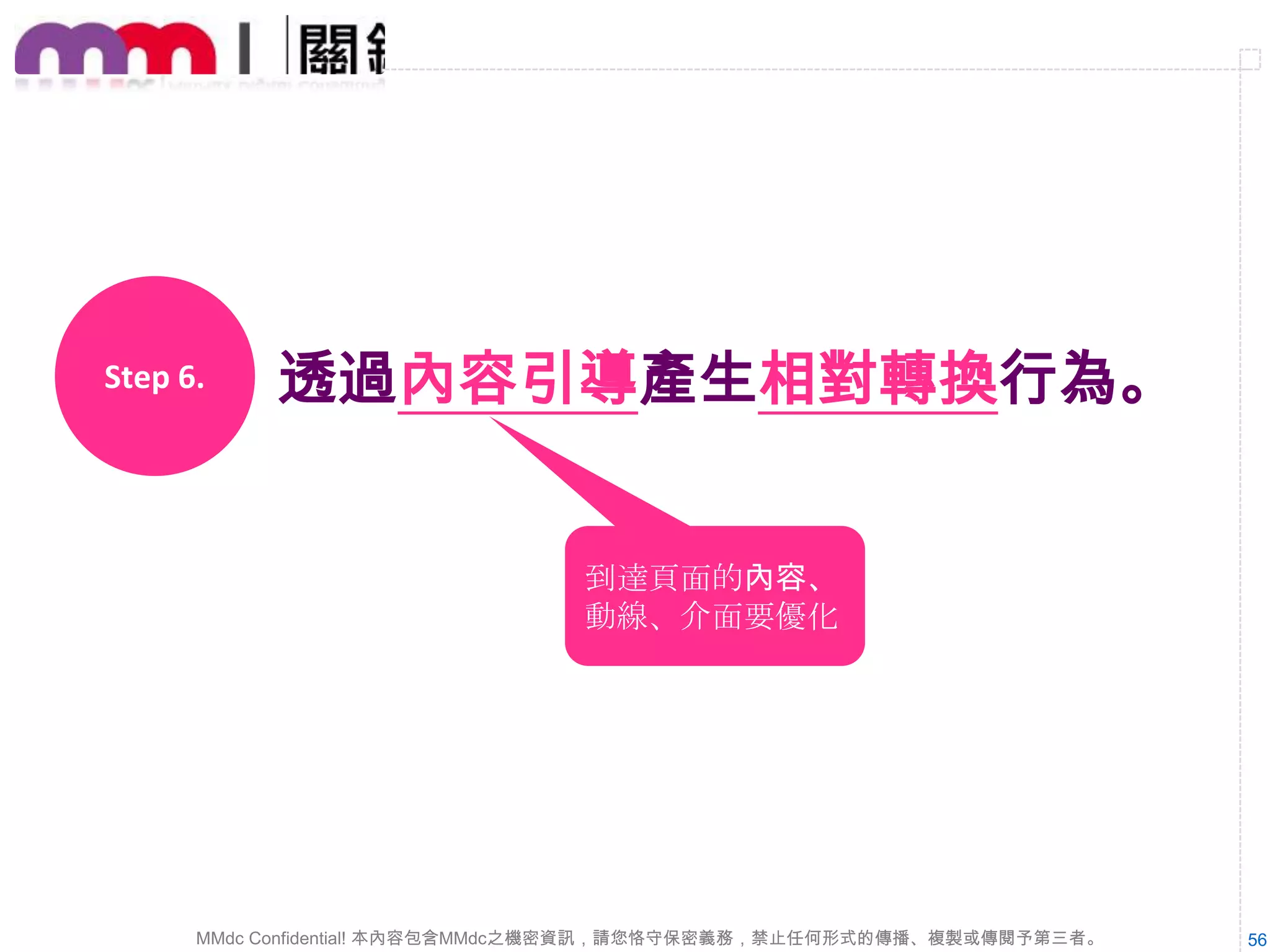 不同的人，在不同的 管道(媒體)，對文字
與圖像的敏感度都不同，要懂得投其所好。

MMdc Confidential! 本內容包含MMdc之機密資訊，請您恪守保密義務，禁止任何形式的傳播、複製或傳閱予第三者。

56

 