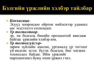 





КонъюгациЭсүүд хоорондоо ойртон нийлснээр удамшл
ын мэдээллээ солилцдог.
Үр тогтолтоорэр, эм бодгаль биеийн оролцоотой явагдаж
байгаа үржлийн хэлбэр юм.
Үр тогтохгүйгээрзарим зүйлийн амьтан, ургамалд үр тогтоог
үй өндгөн эсээс бүтэн бодгаль бие хөгжих
тохиолдол байдаг. Ийм үржлийг
партеногенез буюу охин үржил гэнэ.

 