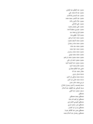 ‫ي‬
‫محمود عبد العظيم عبد الهاد 	‬
‫ي‬
‫محمود عبد هللا محمد عل 	‬
‫م‬
‫محمود عبد المحسن طه قاس 	‬
‫د‬
‫محمود عبد الناصر محمد محم 	‬
‫ت‬
‫محمود عالء الدين راف 	‬
‫ي‬
‫محمود علي الشاذل 	‬
‫د‬
‫محمود علي سليمان محمو 	‬
‫د‬
‫محمود عيسوي محفوظ احم 	‬
‫د‬
‫محمود فوزي محمد سي 	‬
‫د‬
‫محمود فؤاد عفيفي حم 	‬
‫م‬
‫محمود محمد احمد ابراهي 	‬
‫د‬
‫محمود محمد السعيد محمو 	‬
‫ن‬
‫محمود محمد حامد رمضا 	‬
‫د‬
‫محمود محمد سعد حام 	‬
‫د‬
‫محمود محمد عياد محم 	‬
‫ن‬
‫محمود محمد محمد رضوا 	‬
‫ي‬
‫محمود محمد محمد مهد 	‬
‫م‬
‫محمود محمد محمود محمد ابراهي 	‬
‫ي‬
‫محمود محمود احمد ابو عل 	‬
‫د‬
‫محمود محمود عبد الحميد السي 	‬
‫د‬
‫محمود هشام محمد السي 	‬
‫ي‬
‫محيي عبد الحكيم حجاز 	‬
‫هللا‬
‫مختار محمد عبد 	‬
‫ي‬
‫مدحت صابر بدو 	‬
‫ن‬
‫مدحت محمد صافي عز الدي 	‬
‫ن‬
‫مدحت محمد هانى عز الدي 	‬
‫ن‬
‫مرسي محمد عامر حس 	‬
‫ح‬
‫مسعد (مصعب ) السيد رضوان المال 	‬
‫م‬
‫مسعد الصافى عبد اللطيف عبد السال 	‬
‫ي‬
‫مسعود محمود عبد الغن 	‬
‫ى‬
‫مصطف 	‬
‫ى‬
‫مصطفى محمد مصطف 	‬
‫د‬
‫مصطفي ابراهيم امام عيا 	‬
‫ي‬
‫مصطفي البيومي الشعراو 	‬
‫ي‬
‫مصطفي انور محمود نبو 	‬
‫س‬
‫مصطفي بدران ابو العبا 	‬
‫ة‬
‫مصطفي حسن عبد الظاهر جود 	‬
‫د‬
‫مصطفي رمضان عبد السالم محم 	‬

 