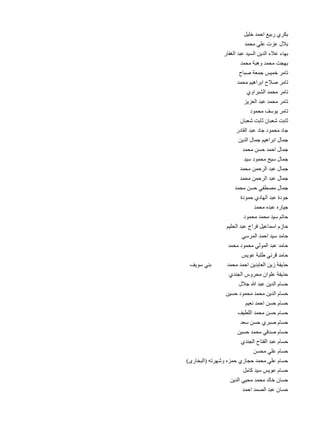 ‫ل‬
‫بكري ربيع احمد خلي 	‬
‫د‬
‫بالل عزت علي محم 	‬
‫ر‬
‫بهاء عالء الدين السيد عبد الغفا 	‬
‫د‬
‫بهجت محمد وهبة محم 	‬
‫ح‬
‫تامر خميس جمعة صبا 	‬
‫د‬
‫تامر صالح ابراهيم محم 	‬
‫ي‬
‫تامر محمد الشبراو 	‬
‫ز‬
‫تامر محمد عبد العزي 	‬
‫د‬
‫تامر يوسف محمو 	‬
‫ن‬
‫ثابت شعبان ثابت شعبا 	‬
‫ر‬
‫جاد محمود جاد عبد القاد 	‬
‫ن‬
‫جمال ابراهيم جمال الدي 	‬
‫د‬
‫جمال احمد حسن محم 	‬
‫د‬
‫جمال سيج محمود سي 	‬
‫د‬
‫جمال عبد الرحمن محم 	‬
‫د‬
‫جمال عبد الرحمن محم 	‬
‫د‬
‫جمال مصطفي حسن محم 	‬
‫ة‬
‫جودة عبد الهادي حمود 	‬
‫د‬
‫جياره عبده محم 	‬
‫د‬
‫حاتم سيد محمد محمو 	‬
‫م‬
‫حازم اسماعيل فراج عبد الحلي 	‬
‫ي‬
‫حامد سيد احمد المرس 	‬
‫د‬
‫حامد عبد المولي محمود محم 	‬
‫س‬
‫حامد قرني طلبة عوي 	‬
‫بني سويف‬
‫د‬
‫حذيفة زين العابدين احمد محم 	‬
‫ي‬
‫حذيفة علوان محروس الجند 	‬
‫ل‬
‫حسام الدين عبد هللا جال 	‬
‫ن‬
‫حسام الدين محمد محمود حسي 	‬
‫م‬
‫حسام حسن احمد نعي 	‬
‫ف‬
‫حسام حسن محمد اللطي 	‬
‫د‬
‫حسام صبري حسن سع 	‬
‫ن‬
‫حسام صدقي محمد حسي 	‬
‫ي‬
‫حسام عبد الفتاح الجند 	‬
‫ن‬
‫حسام علي محس 	‬
‫)‬
‫حسام علي محمد حجازي حمزه وشهرته (البخارى 	‬
‫ل‬
‫حسام عويس سيد كام 	‬
‫ن‬
‫حسان خالد محمد محيي الدي 	‬
‫د‬
‫حسان عبد الصمد احم 	‬

 