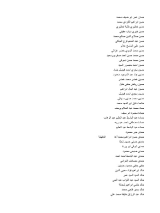 ‫د‬
‫حسان عمر ابو ضيف محم 	‬
‫د‬
‫حسن ابراهيم الكردي محم 	‬
‫ي‬
‫حسن خطيري طلبة خطير 	‬
‫ي‬
‫حسن خيري دياب عفيف 	‬
‫د‬
‫حسن صالح الدين صالح محم 	‬
‫ي‬
‫حسن عبد المنعم فرج الجاك 	‬
‫م‬
‫حسن علي الماسخ عال 	‬
‫ي‬
‫حسن محمد البدوي خضر غزال 	‬
‫حسن محمد حسن احمد صق 	 بورسعيد‬
‫ر‬
‫ى‬
‫حسن محمد حسن دسوق 	‬
‫د‬
‫حسين احمد منصور السي 	‬
‫د‬
‫حسين بحري احمد فيصل حما 	‬
‫د‬
‫حسين جاد عبد الموجود محمو 	‬
‫ر‬
‫حسين خضر محمد خض 	‬
‫ل‬
‫حسين رياض حنفي خلي 	‬
‫م‬
‫حسين عبد العال ابراهي 	‬
‫ل‬
‫حسين مجدي احمد فيص 	‬
‫ي‬
‫حسين محمد حسين دسوق 	‬
‫د‬
‫حشمت فايز ابو المجد محم 	‬
‫ف‬
‫حماد محمد عبد السالم يوس 	‬
‫ف‬
‫حمادة محمود ابو سي 	‬
‫ب‬
‫حمادة عبد الباسط عبد الحليم عبد الوها 	‬
‫ه‬
‫حمادة مصطفي احمد عبد رب 	‬
‫م‬
‫حماده عبد الباسط عبد الحلي 	‬
‫د‬
‫حمدى جبر محمو 	‬
‫الدقهلية‬
‫ا‬
‫حمدي حسن ابراهيم محمد أغ	‬
‫ا‬
‫حمدي حسني حسين شط	‬
‫ة‬
‫حمدي شوقي ابو ورد 	‬
‫د‬
‫حمدي صبحي محمو 	‬
‫د‬
‫حمدي عبد الباسط احمد احم 	‬
‫ي‬
‫حمدي مصادف العوام 	‬
‫ن‬
‫حنفي حنفي محمود حسني 	‬
‫ن‬
‫خالد ابراهيم فؤاد محيي الدي 	‬
‫ر‬
‫خالد السيد السيد عم 	‬
‫ي‬
‫خالد السيد عبد التواب عبد الح 	‬
‫ة‬
‫خالد حلمي ابراهيم شحات 	‬
‫د‬
‫خالد سمير فتحي محم 	‬
‫ي‬
‫خالد عبد الرزاق خليفة محمد عل 	‬

 