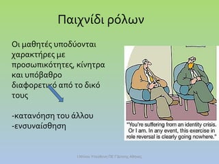 Παιχνίδι ρόλων
Οι μαθητές υποδύονται
χαρακτήρες με
προσωπικότητες, κίνητρα
και υπόβαθρο
διαφορετικό από το δικό
τους
-κατανόηση του άλλου
-ενσυναίσθηση

Ι.Ντίνου Υπεύθυνη ΠΕ Γ'Δ/νσης Αθήνας

 