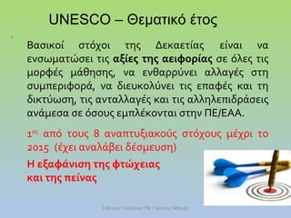UNESCO – Θεματικό έτος
.

Βασικοί στόχοι της Δεκαετίας είναι να
ενσωματώσει τις αξίες της αειφορίας σε όλες τις
μορφές μάθησης, να ενθαρρύνει αλλαγές στη
συμπεριφορά, να διευκολύνει τις επαφές και τη
δικτύωση, τις ανταλλαγές και τις αλληλεπιδράσεις
ανάμεσα σε όσους εμπλέκονται στην ΠΕ/ΕΑΑ.
1ος από τους 8 αναπτυξιακούς στόχους μέχρι το
2015 (έχει αναλάβει δέσμευση)
Η εξαφάνιση της φτώχειας
και της πείνας
Ι.Ντίνου Υπεύθυνη ΠΕ Γ'Δ/νσης Αθήνας

 