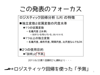 この発表のフォーカス

2011/6/25第１回奥村さん資料より・・・

→ロジスティック回帰を使った「予測」

5

 