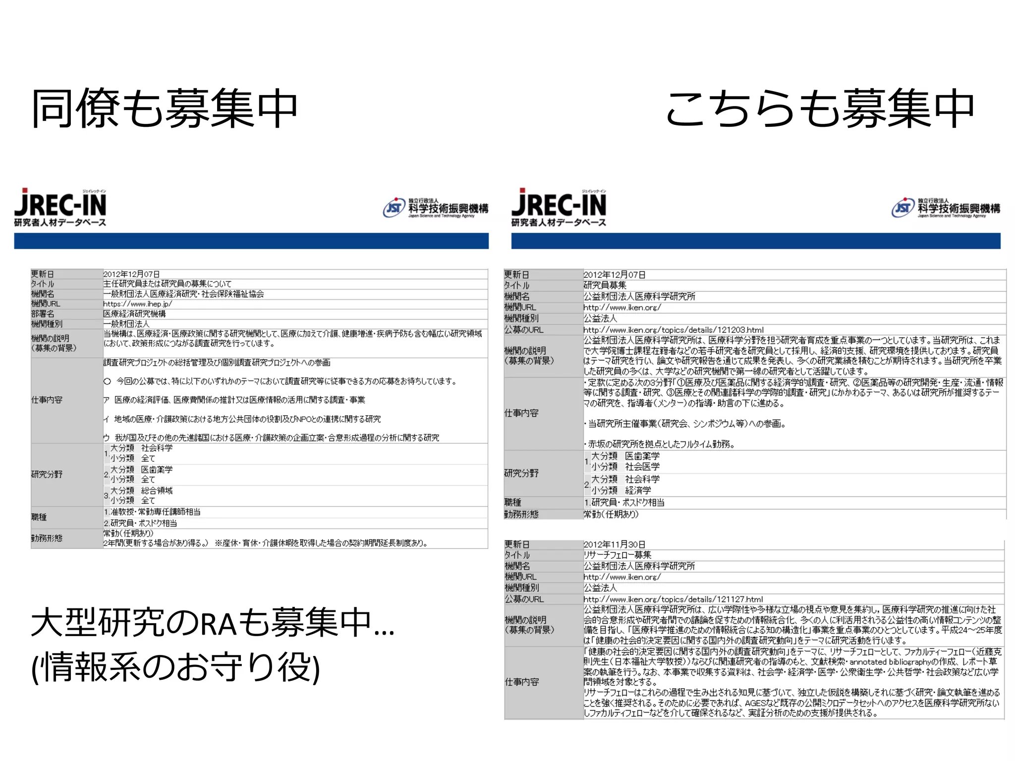 同僚も募集中

大型研究のRAも募集中…
(情報系のお守り役)

こちらも募集中

 