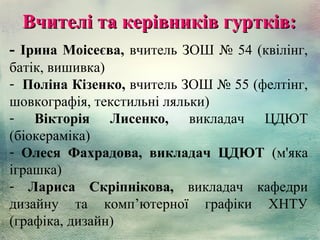 Вчителі та керівників гуртків:
- Ірина Моісеєва, вчитель ЗОШ № 54 (квілінг,
батік, вишивка)
- Поліна Кізенко, вчитель ЗОШ № 55 (фелтінг,
шовкографія, текстильні ляльки)
- Вікторія Лисенко, викладач ЦДЮТ
(біокераміка)
- Олеся Фахрадова, викладач ЦДЮТ (м'яка
іграшка)
- Лариса Скріпнікова, викладач кафедри
дизайну та комп’ютерної графіки ХНТУ
(графіка, дизайн)

 