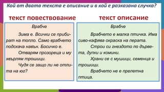Врабче

Врабче

Зима е. Всички се прибират на топло. Само врабчето
подскача навън. Босичко е.
Отварям прозореца и му
хвърлям трошици.
Чудя се защо ли не отлита на юг?

Врабчето е малка птичка. Има
сиво-кафява окраска на перата.
Строи си гнездото по дървета, дупки и комини.
Храни се с мушици, семенца и
трошици.
Врабчето не е прелетна
птица.

 