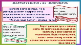 Има герой,
Малкото борче растеше. Но си
има случка,
растеше самичко, настрана, не се
преобладават глаголи
вслушваше нито в песните на птичките,
нито в шума на вековните дървета.
“Аз съм гордо борче” – казваше си то.

Описани са признаци,
преобладават
съществителни и
прилагателни имена

Борът расте на сухи и влажни
места. На височина достига до 35 м.
Кората му е сиво-кафява до
червеникава. Борът е вечнозелен,
защото игличките му остават по
клончетата и не опадат едновременно
през годината.

 