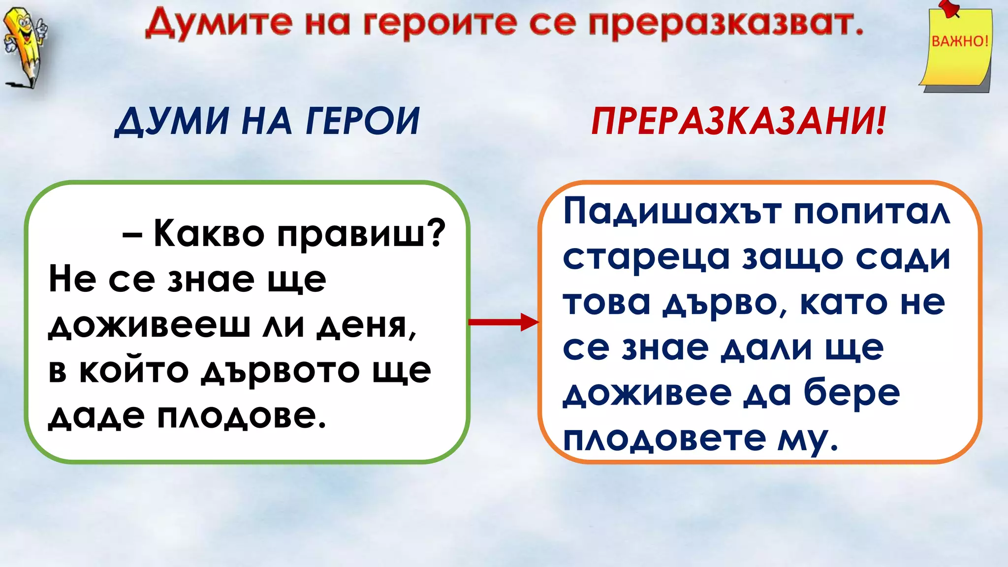 ДУМИ НА ГЕРОИ

– Какво правиш?
Не се знае ще
доживееш ли деня,
в който дървото ще
даде плодове.

ПРЕРАЗКАЗАНИ!
Падишахът попитал
стареца защо сади
това дърво, като не
се знае дали ще
доживее да бере
плодовете му.

 
