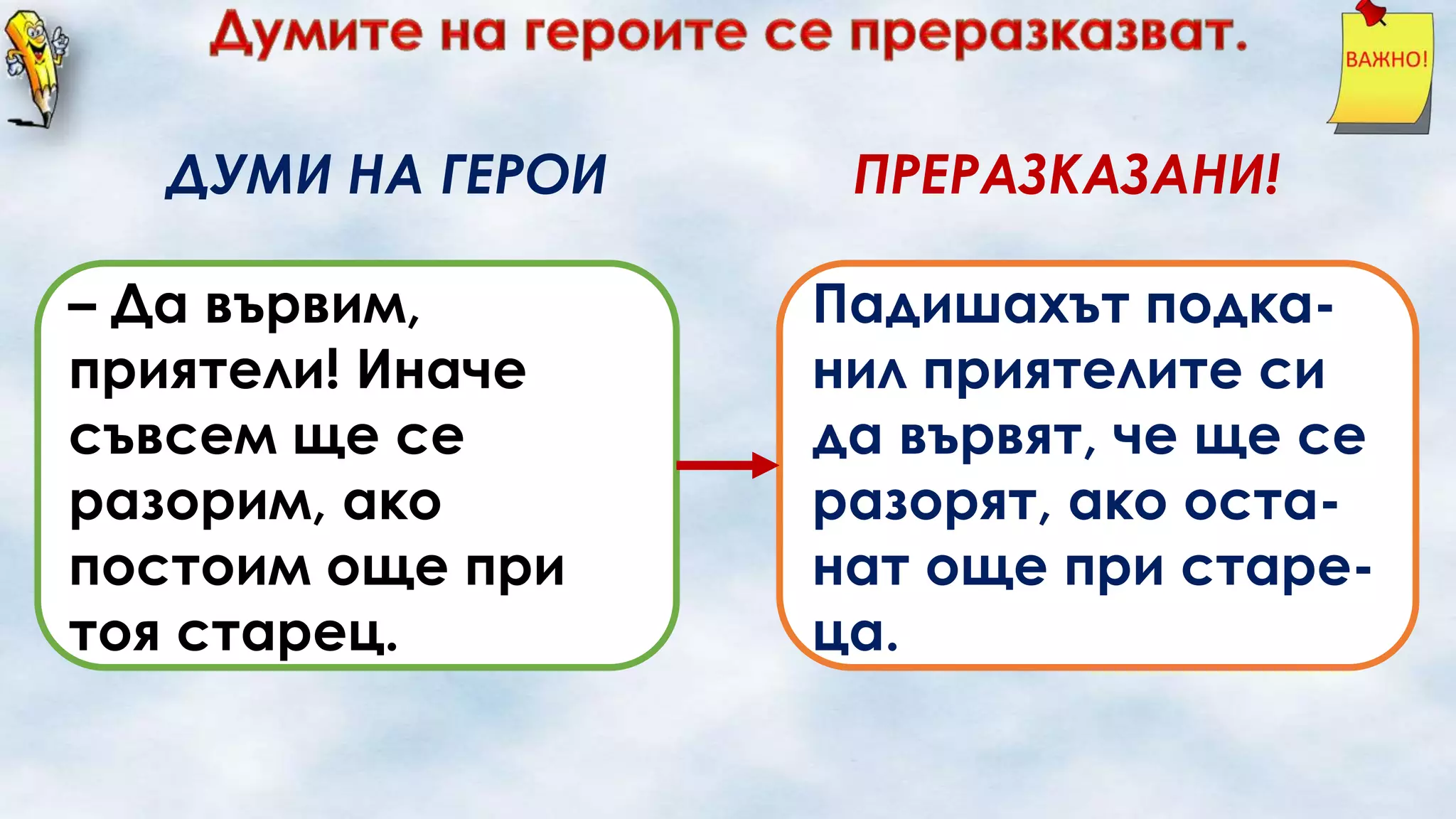 ДУМИ НА ГЕРОИ
– Да вървим,
приятели! Иначе
съвсем ще се
разорим, ако
постоим още при
тоя старец.

ПРЕРАЗКАЗАНИ!
Падишахът подканил приятелите си
да вървят, че ще се
разорят, ако останат още при стареца.

 