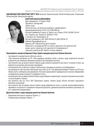 НАШІ ДЕПУТАТИ. Довідник про депутатів Верховної Ради VII скликання,
обраних в 11-18 одномандатних виборчих округах міста Вінниці та Вінницької області у 2012 році.

ОДНОМАНДАТНИЙ ВИБОРЧИЙ ОКРУГ №16 (включає: Крижопільський, Могилів-Подільський, Піщанський,
Чечельницький, Ямпільський райони)
КАЛЕТНИК ОКСАНА МИКОЛАЇВНА
Дата народження: 10 грудня 1972р.
Партійність: безпартійна
Освіта: вища
Політична сила, що висунула кандидата: самовисування
Задекларований дохід за 2011 рік: 9 962 868 грн.
Контакти приймальні в окрузі: м. Ямпіль, вул. Леніна, 81/49, (04336) 2-24-43
смт. Піщанка, вул. Пушкіна, 6 (04349) 2-14-33
м. Вінниця, пр-т Космонавтів, 30
Контакти приймальні у ВР: (044) 255-44-23; (044) 255-44-13;
Kaletnyk.Oksana@rada.gov.ua
Фракція у ВР: Комуністична партія України
Присутність на засіданнях ВР: ел. реєстр: присутність 24; відсутність29;
письм. реєстр: присутність 40; відсутність10; відрядження 2
Членство в комітетах ВР: Комітет з питань бюджету
Законопроекти, внесені до Верховної Ради України народним депутатом Оксаною Калетник
-	 про відкритість використання публічних коштів;
-	 «Про внесення доповнень до ЗУ «Про державну допомогу сім’ям з дітьми» щодо скорочення кількості
документів для отримання державної допомоги при народженні дитини»;
-	 про внесення змін до деяких законів України (щодо визнання документів про освіту та наукові ступені, що
видаються духовними навчальними закладами);
-	 про внесення змін до Митного кодексу України щодо підтримки вітчизняного літакобудування;
-	 про врахування при підготовці пропозицій щодо змін до ЗУ «Про Державний бюджет України на 2013 рік»
обсягу коштів, необхідних для державного пільгового кредитування індивідуальних сільських забудовників
на будівництво (реконструкцію) та придбання житла;
-	 про внесення змін до деяких законів України (щодо заборони приватизації, списання і відчуження культових
та інших будівель і майна);
-	 про внесення змін до статті 265 Податкового кодексу України (щодо об’єктів житлової нерухомості
релігійних організацій);
-	 про внесення змін до деяких законів України (щодо добровільної участі у системі загальнообов’язкового
державного соціального страхування священнослужителів, церковнослужителів релігійних організацій, які
не є найманими працівниками).
Депутатські запити, подані народним депутатом Оксаною Калетник:
-	 Керівникам міністерств і відомств України - 2
-	 Генеральному прокурору України - 1

ВОГО Громадський центр «Форум» 2013

11

 