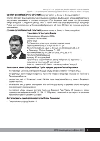 НАШІ ДЕПУТАТИ. Довідник про депутатів Верховної Ради VII скликання,
обраних в 11-18 одномандатних виборчих округах міста Вінниці та Вінницької області у 2012 році.

ОДНОМАНДАТНИЙ ВИБОРЧИЙ ОКРУГ №11 (включає частину м. Вінниці та Вінницького району)
8 лютого 2013 року Вищий адміністративний суд України позбавив Домбровського Олександра Георгійовича
депутатських повноважень за позовом екс-депутата Юрія Кармазіна, який заявив про фальсифікацію
виборів в окрузі № 11. Окружний адмінсуд Києва 11 червня зобов’язав голову Верховної Ради Володимира
Рибака вилучити посвідчення у Олександра Домбровського, а 2 липня 2013 року він припинив депутатські
повноваження.
ОДНОМАНДАТНИЙ ВИБОРЧИЙ ОКРУГ №12 (включає частину м. Вінниці та Вінницького району)
ПОРОШЕНКО ПЕТРО ОЛЕКСІЙОВИЧ
Дата народження: 26 вересня 1965р.
Партійність: безпартійний
Освіта: вища
Політична сила, що висунула кандидата: самовисування
Задекларований дохід за 2011 рік: 86 605 481 грн.
Контакти приймальні в окрузі: м. Вінниця, вул. Островського, 85, к. 35
м. Вінниця вул. 50-річчя Перемоги, 7, к. 225
Контакти приймальні у ВР: (044) 255-24-95, (044) 255-38-97,
Poroshenko.Petro@rada.gov.ua
Фракція у ВР: позафракційний
Присутність на засіданнях ВР: ел. реєстр: присутність 12; відсутність 41;
письм реєстр: присутність 31; відсутність 21
Членство в комітетах ВР: Комітет з питань європейської інтеграції
Законопроекти, внесені до Верховної Ради України народним депутатом Петром Порошенком:
-	 про Резолюцію Європейського Парламенту щодо ситуації в Україні, ухвалену 13 грудня 2012 р.
-	 про реалізацію євроінтеграційних прагнень України та укладення Угоди про асоціацію між Україною та
Європейським Союзом;
-	 про внесення змін до Бюджетного кодексу України (щодо формування бюджету розвитку Державного
бюджету України);
-	 про внесення змін до деяких законодавчих актів України щодо вступу на державну службу та службу в
органах місцевого самоврядування;
-	 про повторні вибори народних депутатів України до Верховної Ради України VII скликання у деяких
одномандатних виборчих округах 94, 132, 194, 197, 223 у зв’язку з неможливістю достовірного встановлення
підсумків голосування 28 жовтня 2012 року.
Депутатські запити, подані народним депутатом Петром Порошенком:
-	 Генеральному прокурору України – 1.

ВОГО Громадський центр «Форум» 2013

3

 