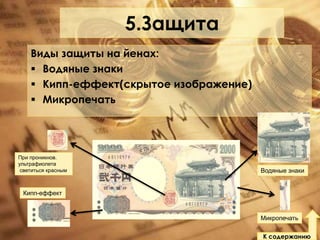5.Защита
Виды защиты на йенах:
 Водяные знаки
 Кипп-еффект(скрытое изображение)
 Микропечать

При проникнов.
ультрафиолета
светиться красным

Водяные знаки

Кипп-еффект

Микропечать
К содержанию

 