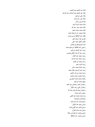 ‫د‬
‫خالد عبد المنعم عبد الحمي 	‬
‫د‬
‫خالد عبد المنعم عبد الوهاب عبد الواح 	‬
‫م‬
‫خالد على ابراهي 	‬
‫د‬
‫خالد عمر سيد احم 	‬
‫ن‬
‫خالد فرج رسال 	‬
‫د‬
‫خالد محمد السيد السي 	‬
‫هللا‬
‫خالد محمد عمر عبد 	‬
‫د‬
‫خالد محمد محمد محم 	‬
‫د‬
‫خالد محمود عز الرجال السي 	‬
‫ن‬
‫خلف عبد الحافظ مرسي حس 	‬
‫ي‬
‫خيري عيد سويلم عل 	‬
‫ي‬
‫دكتور قابيل احمد عل 	‬
‫ن‬
‫دياب فريح مفترج سليما 	‬
‫د‬
‫راضي عبد اللطيف ابراهيم محم 	‬
‫م‬
‫رجب عبد الحميد ابراهي 	‬
‫ر‬
‫رجب عبد هللا عبد الباقي منصو 	‬
‫ل‬
‫رجب محمد عبد العا 	‬
‫د‬
‫رجب محمد عبد هللا جا 	‬
‫د‬
‫رشاد محمد ابو المج 	‬
‫د‬
‫رضا السيد احم 	‬
‫م‬
‫رضا عبادة محمد سال 	‬
‫د‬
‫رضا عبد الرحمن عقل محم 	‬
‫ن‬
‫رضا محمد سيد ابو العني 	‬
‫د‬
‫رضا محمود محمد محمو 	‬
‫ي‬
‫رفعت محمد حامد الحجر 	‬
‫م‬
‫رفيق محمد ابراهي 	‬
‫د‬
‫رمضان احمد رمضان سيد احم 	‬
‫ل‬
‫رمضان علي رجب خلي 	‬
‫هللا‬
‫رمضان محمد فرحان حمد 	‬
‫د‬
‫رياض احمد محم 	‬
‫ي‬
‫زيد محمد محمد عبد الغن 	‬
‫د‬
‫سالم قاسم سالم حم 	‬
‫د‬
‫سامح محمد عبد هللا محم 	‬
‫ى‬
‫سامى سعيد عبد الباق 	‬
‫ة‬
‫سامي المجد عبد القوي فود 	‬
‫ن‬
‫سامي سعد حامد كيوا 	‬
‫ة‬
‫سامي محمود ابراهيم ابو ركب 	‬
‫ظ‬
‫سامي محمود عبد الحاف 	‬

 