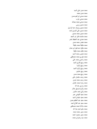 ‫د‬
‫محمد حسن علي السي 	‬
‫د‬
‫محمد حسن محم 	‬
‫ن‬
‫محمد حسني ابراهيم حس 	‬
‫ب‬
‫محمد حسني عز 	‬
‫د‬
‫محمد حسني محمد مجاه 	‬
‫ى‬
‫محمد حسين روب 	‬
‫ق‬
‫محمد حسين رؤوف عبد الراز 	‬
‫د‬
‫محمد حسين علي البدوي احم 	‬
‫ن‬
‫محمد حسين محمد حسي 	‬
‫د‬
‫محمد حشمت فايز ابو المج 	‬
‫ر‬
‫محمد حمدي عبد الحفيظ عام 	‬
‫ن‬
‫محمد خضر محمد حس 	‬
‫ة‬
‫محمد خليفة محمد خليف 	‬
‫م‬
‫محمد خليل اسماعيل ابو حما 	‬
‫ه‬
‫محمد خليل محمد خليف 	‬
‫د‬
‫محمد خميس محمد السي 	‬
‫ي‬
‫محمد خيري محمد مصطف 	‬
‫ي‬
‫محمد راضي محمد عل 	‬
‫د‬
‫محمد ربيع ذكري السي 	‬
‫ا‬
‫محمد ربيع زكري	‬
‫د‬
‫محمد ربيع زكريا السي 	‬
‫ن‬
‫محمد ربيع عابدي 	‬
‫ن‬
‫محمد ربيع محمد حس 	‬
‫ي‬
‫محمد رجب سليمان عل 	‬
‫ن‬
‫محمد رجب محمد حس 	‬
‫ن‬
‫محمد رضا محمد عثما 	‬
‫هللا‬
‫محمد رمزي عبد 	‬
‫م‬
‫محمد زكريا صديق عال 	‬
‫ر‬
‫محمد زكي احمد عاشو 	‬
‫ر‬
‫محمد سعيد التهامي عم 	‬
‫د‬
‫محمد سعيد سليمان السي 	‬
‫ن‬
‫محمد سعيد عبد العظيم حس 	‬
‫د‬
‫محمد سعيد عبد الفتاح احم 	‬
‫ي‬
‫محمد سالمة محمد مصطف 	‬
‫هللا‬
‫محمد سليم احمد جاد 	‬
‫د‬
‫محمد سمير محمد محم 	‬
‫د‬
‫محمد سمير محمود احم 	‬
‫د‬
‫محمد سيد رضوان محم 	‬

 