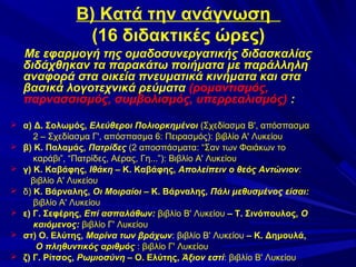 Β) Κατά την ανάγνωση
(16 διδακτικές ώρες)
Με εφαρμογή της ομαδοσυνεργατικής διδασκαλίας
διδάχθηκαν τα παρακάτω ποιήματα με παράλληλη
αναφορά στα οικεία πνευματικά κινήματα και στα
βασικά λογοτεχνικά ρεύματα (ρομαντισμός,
παρνασσισμός, συμβολισμός, υπερρεαλισμός) :
 α) Δ. Σολωμός, Ελεύθεροι Πολιορκημένοι (Σχεδίασμα Β', απόσπασμα







2 – Σχεδίασμα Γ', απόσπασμα 6: Πειρασμός): βιβλίο Α' Λυκείου
β) Κ. Παλαμάς, Πατρίδες (2 αποσπάσματα: “Σαν των Φαιάκων το
καράβι”, “Πατρίδες, Αέρας, Γη...”): Βιβλίο Α' Λυκείου
γ) Κ. Καβάφης, Ιθάκη – Κ. Καβάφης, Απολείπειν ο θεός Αντώνιον:
βιβλίο Α' Λυκείου
δ) Κ. Βάρναλης, Οι Μοιραίοι – Κ. Βάρναλης, Πάλι μεθυσμένος είσαι:
βιβλίο Α' Λυκείου
ε) Γ. Σεφέρης, Επί ασπαλάθων: βιβλίο Β' Λυκείου – Τ. Σινόπουλος, Ο
καιόμενος: βιβλίο Γ' Λυκείου
στ) Ο. Ελύτης, Μαρίνα των βράχων: βιβλίο Β' Λυκείου – Κ. Δημουλά,
Ο πληθυντικός αριθμός : βιβλίο Γ' Λυκείου
ζ) Γ. Ρίτσος, Ρωμιοσύνη – Ο. Ελύτης, Άξιον εστί: βιβλίο Β' Λυκείου

 
